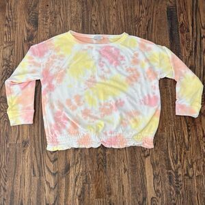 Loft Women’s Tie Dye Sweatshirt Top Gathered Hem Size Large Pink Yellow White